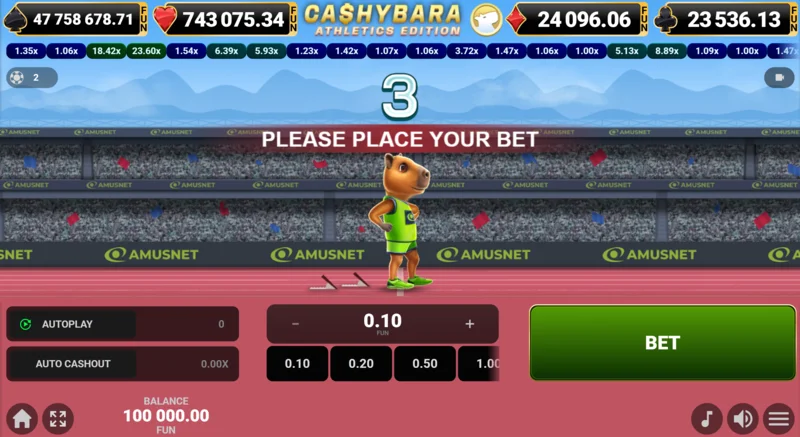 Cashybara Athletics Edition – hlavná obrazovka pretekov s počítadlom kurzov